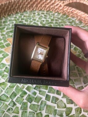 Michael Kors Gold-Tone Rectangle Watch with Brown Leather Strap
